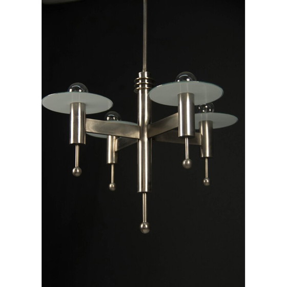 Image 1 of Lampadario vintage art déco o bauhaus nichelato con 4 fiamme, 1920