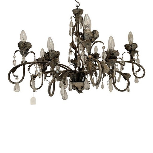 Florentine Art Brown And Gold Handmade Brushed Metal 10 Light Wrought Iron Chandelier, Made In Italy