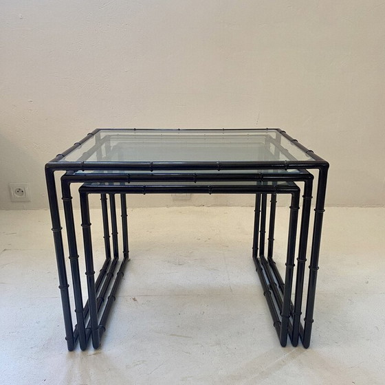 Image 1 of Vintage metal nesting table, bamboo style, Italy 1970