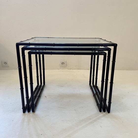 Image 1 of Vintage metal nesting table, bamboo style, Italy 1970