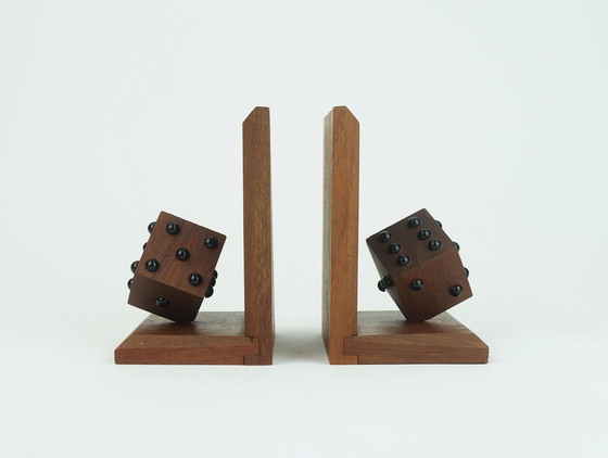 Image 1 of pair of mid century BOOKENDS with dices solid teak wood 60s danish modern