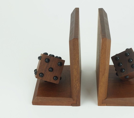 Image 1 of pair of mid century BOOKENDS with dices solid teak wood 60s danish modern