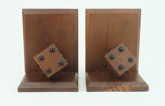 Image 1 of pair of mid century BOOKENDS with dices solid teak wood 60s danish modern