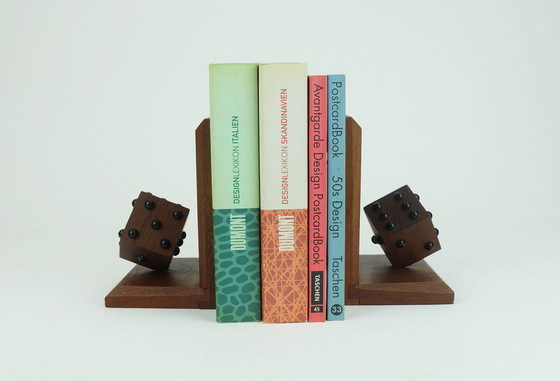 Image 1 of pair of mid century BOOKENDS with dices solid teak wood 60s danish modern