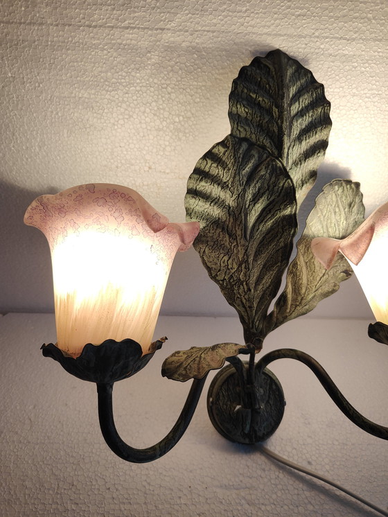 Image 1 of Lampada da parete Herda in metallo verde con calici di Murano 