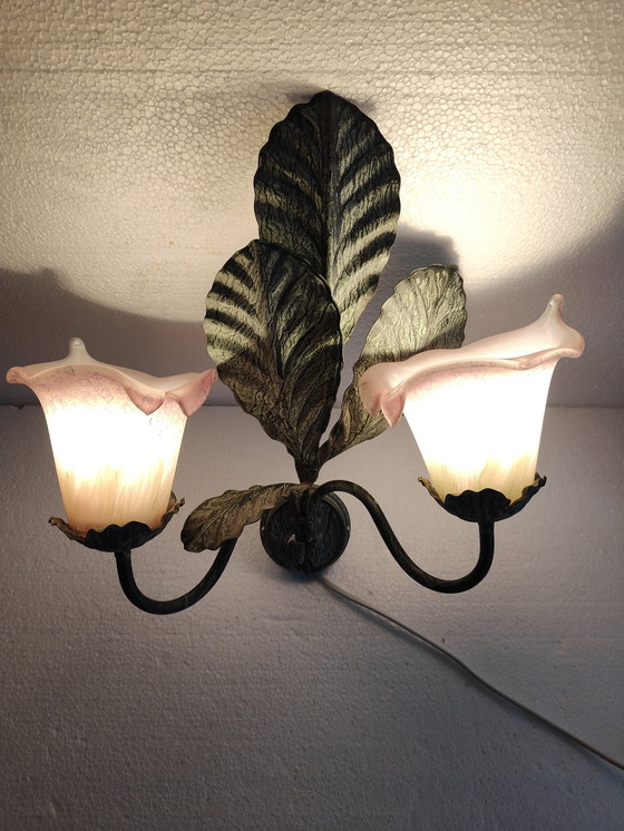 Image 1 of Lampada da parete Herda in metallo verde con calici di Murano 