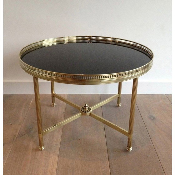 Image 1 of Vintage round coffee table in brass and black lacquered glass for Maison Jansen, France 1940