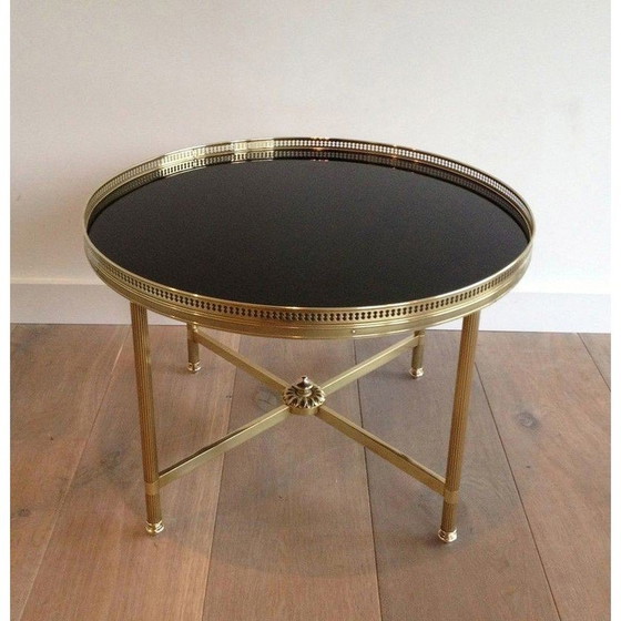 Image 1 of Vintage round coffee table in brass and black lacquered glass for Maison Jansen, France 1940