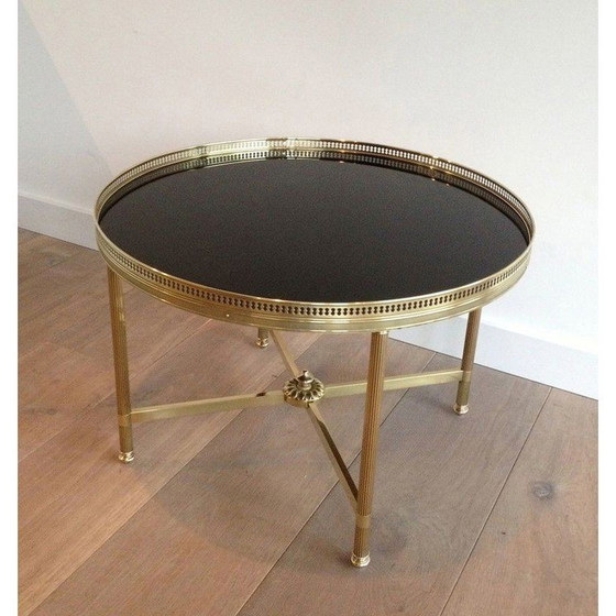 Image 1 of Vintage round coffee table in brass and black lacquered glass for Maison Jansen, France 1940