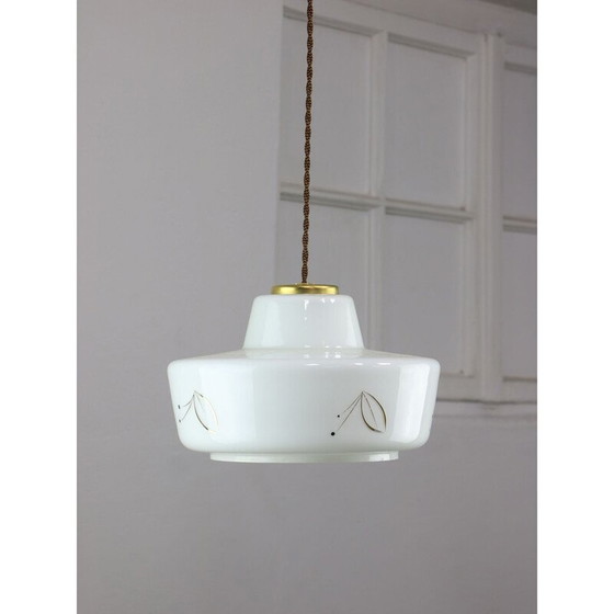 Image 1 of Vintage pendant lamp in brass and white glass, 1960