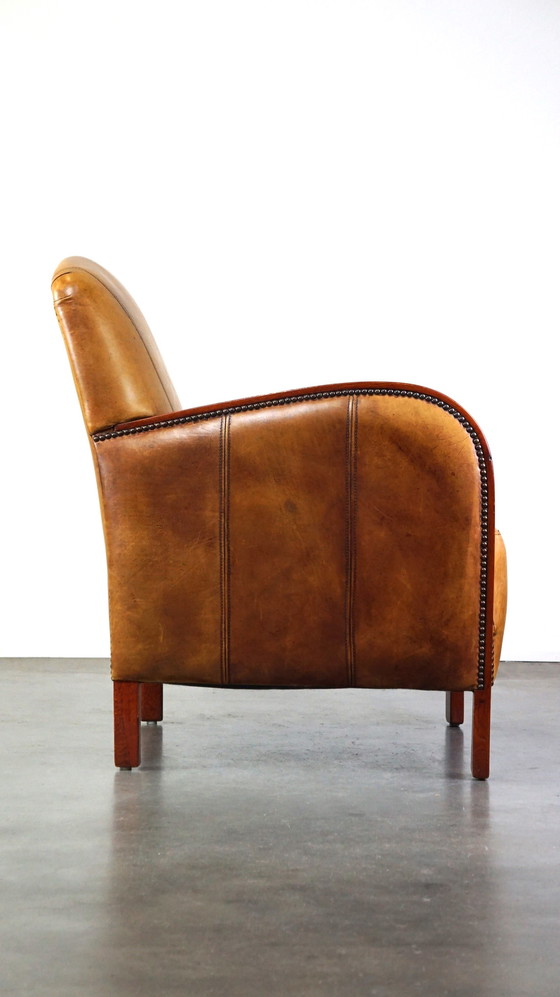 Image 1 of Beef leather Artdeco design armchair with wooden armrests