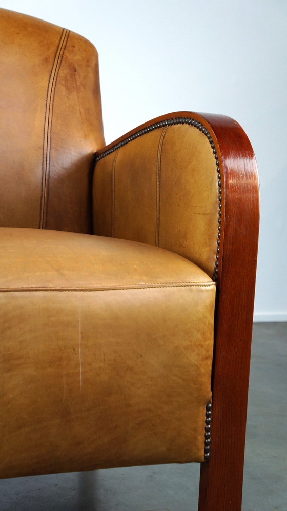 Image 1 of Beef leather Artdeco design armchair with wooden armrests