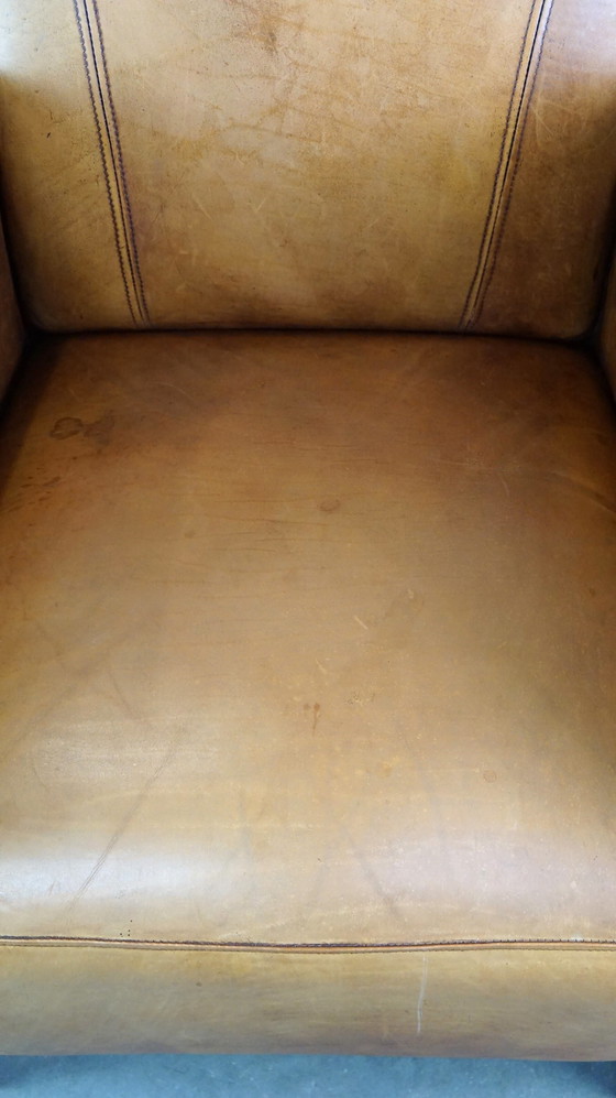 Image 1 of Beef leather Artdeco design armchair with wooden armrests