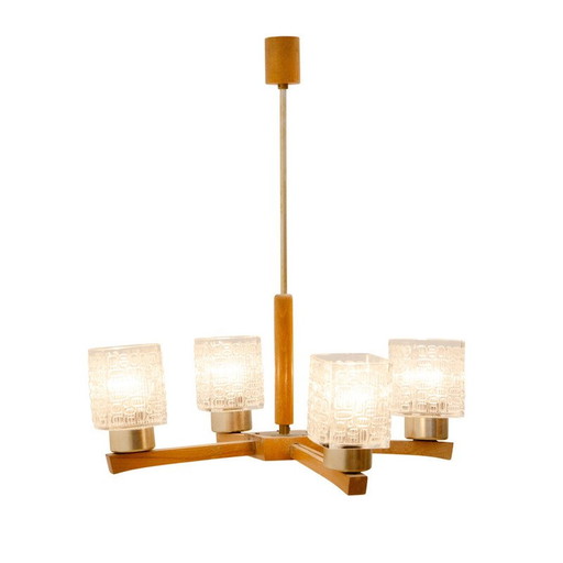 Vintage chandelier in cut glass and wood, Czechoslovakia 1970