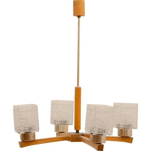 Vintage chandelier in cut glass and wood, Czechoslovakia 1970