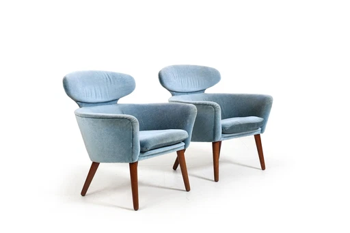 Rare Pair Of Danish Easychairs In Teak & Mohair 1950S