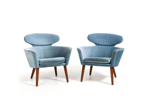 Rare Pair Of Danish Easychairs In Teak & Mohair 1950S