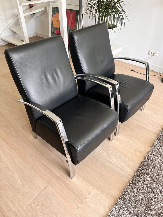 Image 1 of 2x Montel black leather armchairs