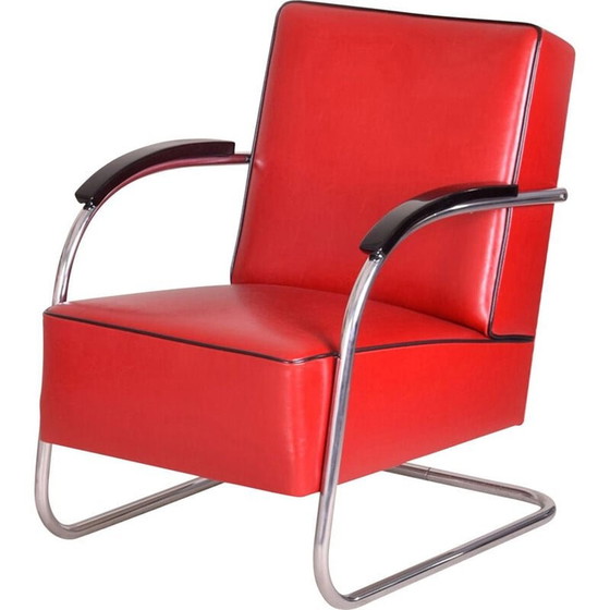 Image 1 of Vintage red leather armchair and footrest by Mucke Melder, 1930s