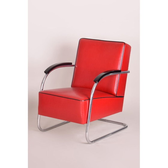 Image 1 of Vintage red leather armchair and footrest by Mucke Melder, 1930s