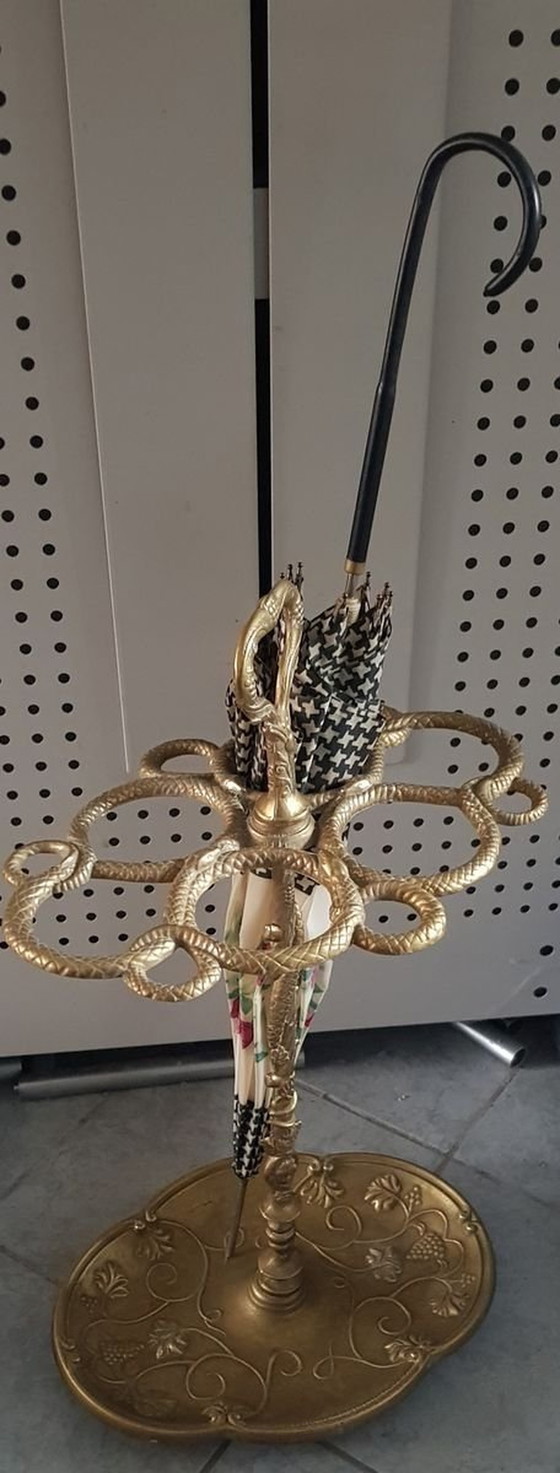 Image 1 of Brass Umbrella Stand With Snake Decor