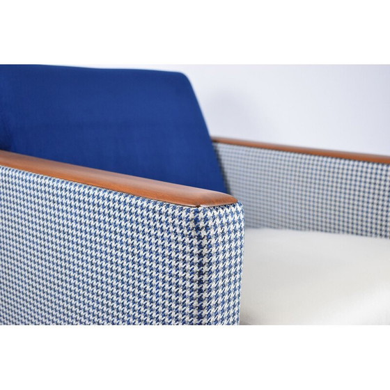 Image 1 of Vintage armchair with pied de poule fabric in beige-blue velvet 1960s