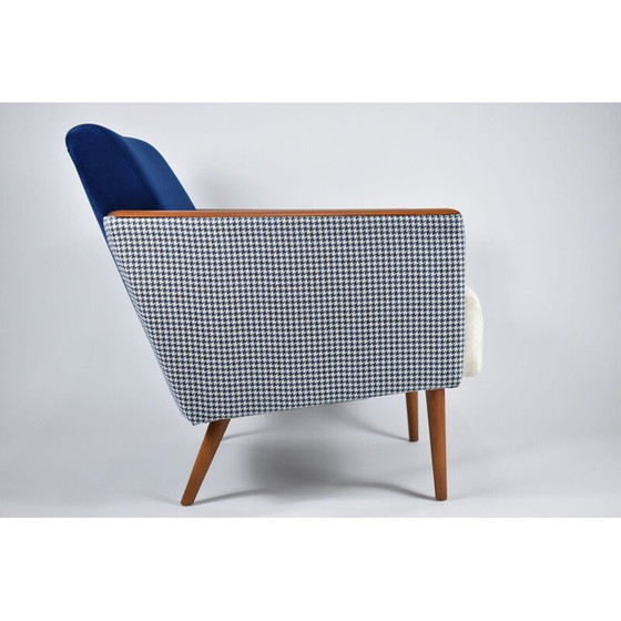 Image 1 of Vintage armchair with pied de poule fabric in beige-blue velvet 1960s