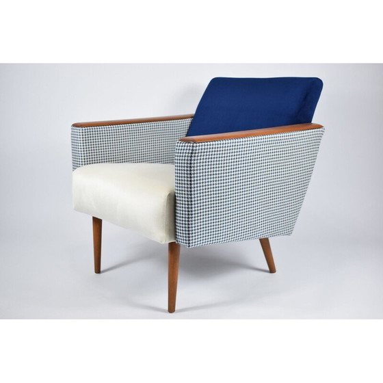 Image 1 of Vintage armchair with pied de poule fabric in beige-blue velvet 1960s