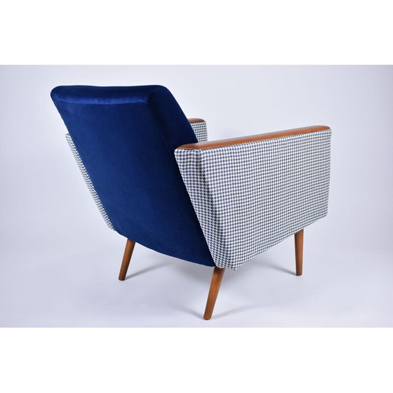 Image 1 of Vintage armchair with pied de poule fabric in beige-blue velvet 1960s