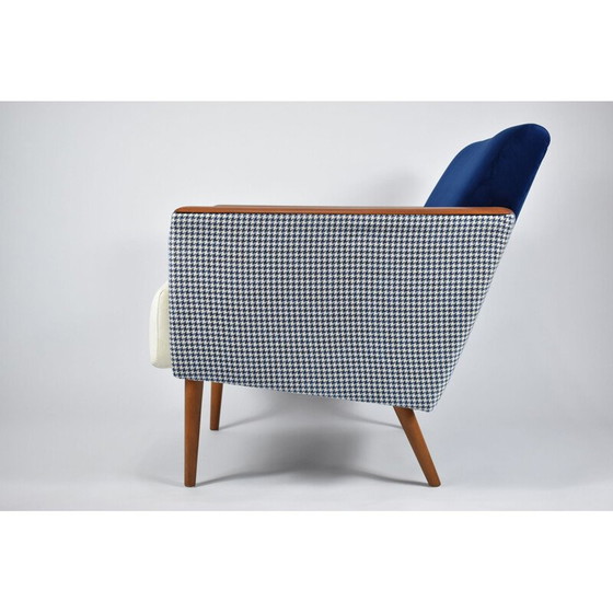 Image 1 of Vintage armchair with pied de poule fabric in beige-blue velvet 1960s
