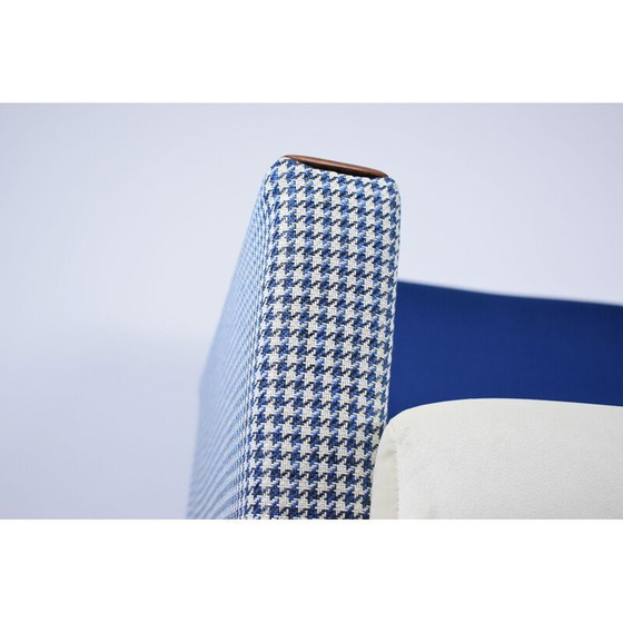 Image 1 of Vintage armchair with pied de poule fabric in beige-blue velvet 1960s