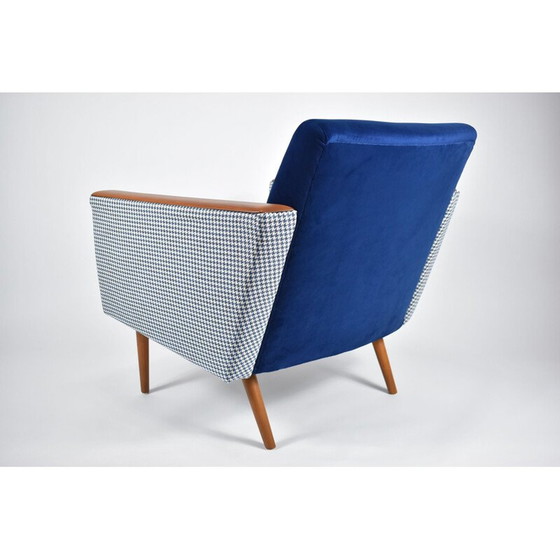 Image 1 of Vintage armchair with pied de poule fabric in beige-blue velvet 1960s
