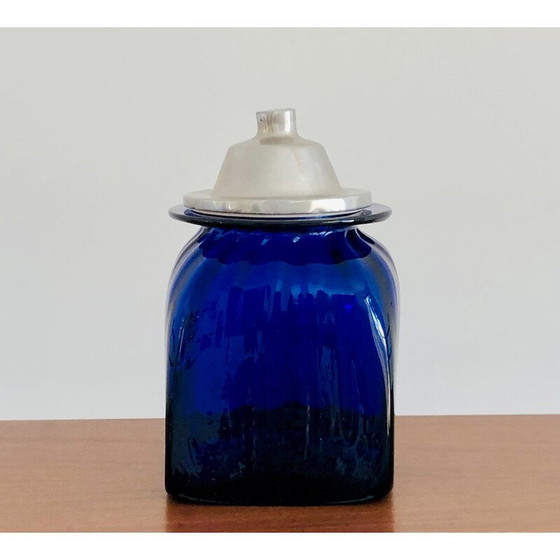 Image 1 of Set of 3 cobalt blue blown glass apothecary jars with lids, Italy