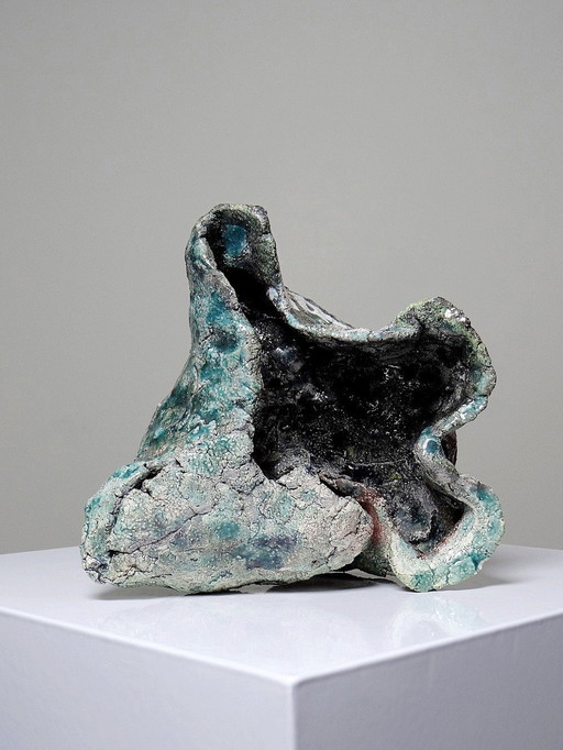 Brutalist, Sculptural, Vintage Enameled Raku Pocket Scoop