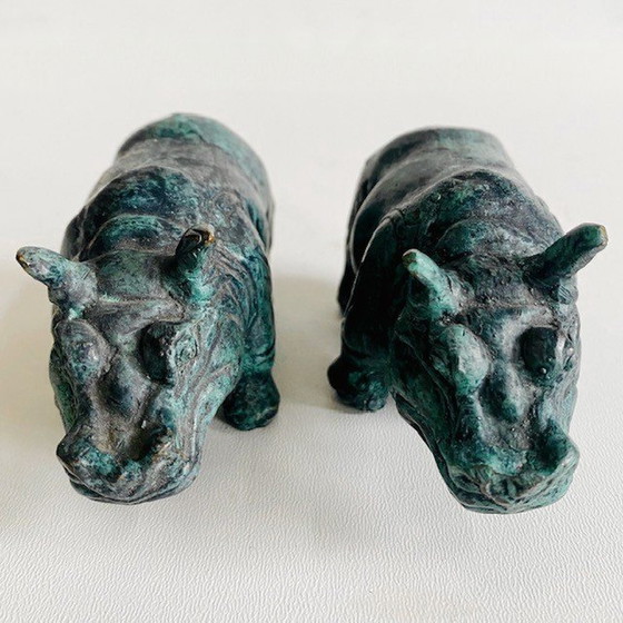 Image 1 of Vintage bronze hippopotamus set figurines bronze