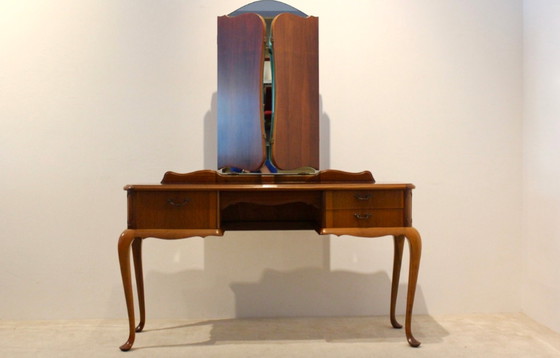 Image 1 of Dutch Mahogany Vanity Dresser with Tri-Fold Mirror