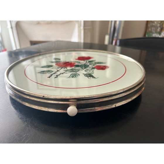 Image 1 of Vintage printed glass tray with rose decoration