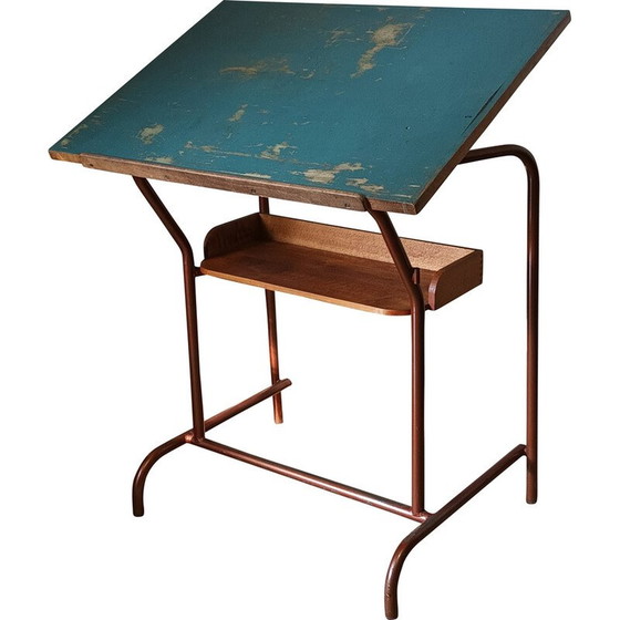 Image 1 of Vintage industrial drawing table in brown tubular metal