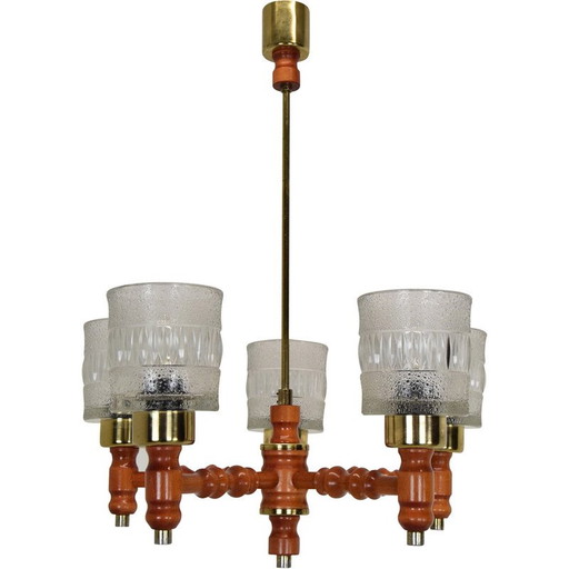 Mid-century wood and glass chandelier by Instala Jilove u Decina, Czechoslovakia 1960s