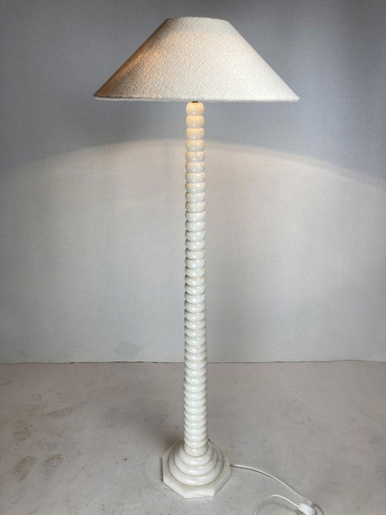 Image 1 of Alabaster Floor Lamp With Bouclé Shade, 1950S