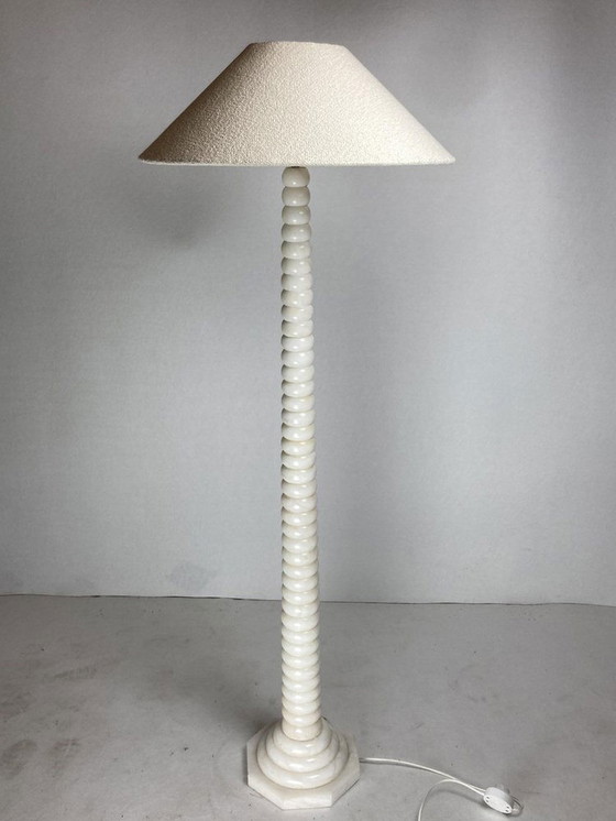 Image 1 of Alabaster Floor Lamp With Bouclé Shade, 1950S