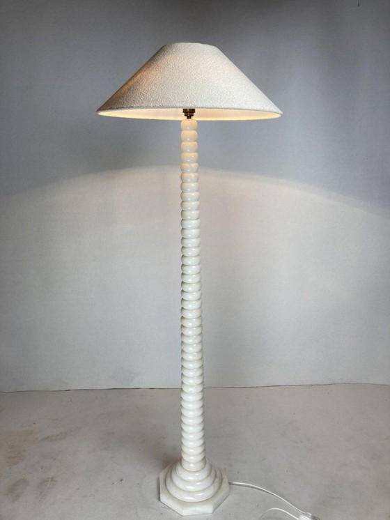 Image 1 of Alabaster Floor Lamp With Bouclé Shade, 1950S