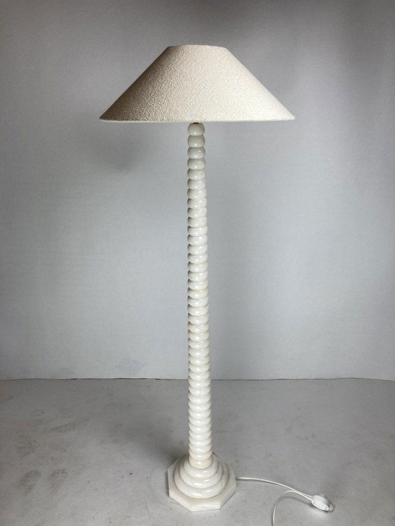 Image 1 of Alabaster Floor Lamp With Bouclé Shade, 1950S