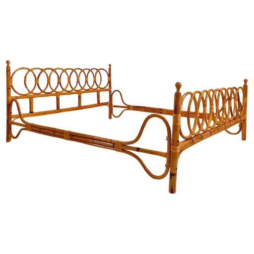 1X Mid Century Modern Bamboo Double Bed Frame, Italy 1960