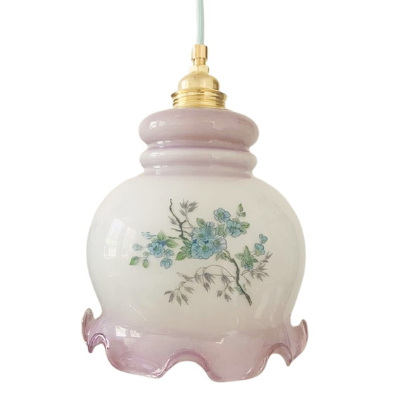 Image 1 of Opaline pendant lamp purple flowers vintage