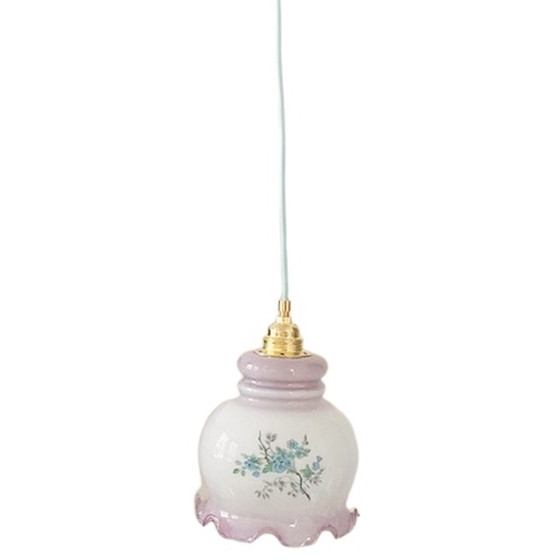 Image 1 of Opaline pendant lamp purple flowers vintage