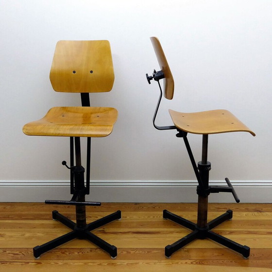 Image 1 of Pair of industrial high chairs in beech and metal - 1960s