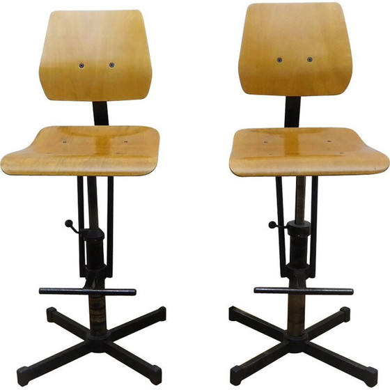 Image 1 of Pair of industrial high chairs in beech and metal - 1960s