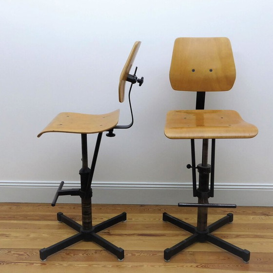 Image 1 of Pair of industrial high chairs in beech and metal - 1960s