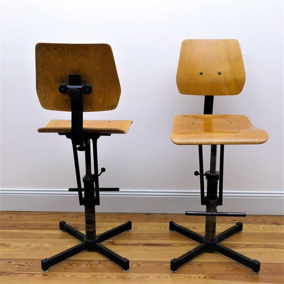 Image 1 of Pair of industrial high chairs in beech and metal - 1960s